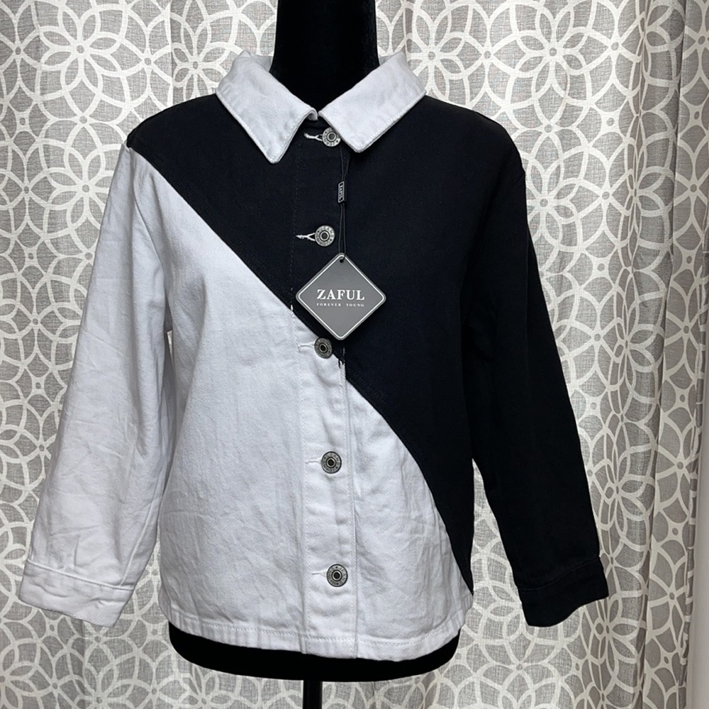 Zaful Black & White Button Up Jean Jacket Size S